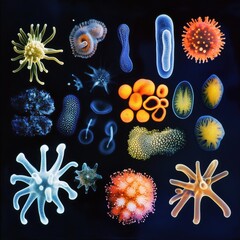 Aufkleber - Evolving bacteria displayed in vibrant colors showcasing diversity of shapes and structures under a microscope lens. Generative AI
