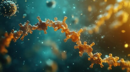 Leinwandbilder - Molecular RNA chain with surrounding viruses illuminated in a vivid, microscopic view. Generative AI