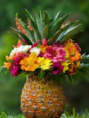 Poster - Pineapple centerpiece adorned with vibrant flowers creating a tropical decor display. Generative AI