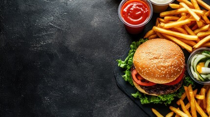 Wall Mural - Flat lay of fast food items a large burger, golden fries, and a refreshing drink, with ample space for advertising.