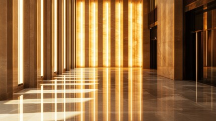 Poster - Glowing neon bars in a vertical pattern, illuminating a glossy floor.