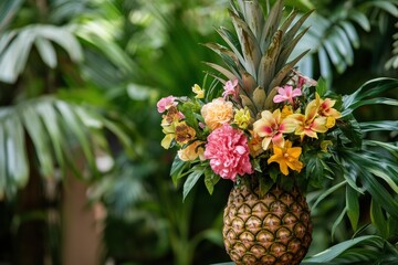 Poster - Decorative pineapple centerpiece surrounded by tropical flowers and lush greenery in a vibrant setting. Generative AI