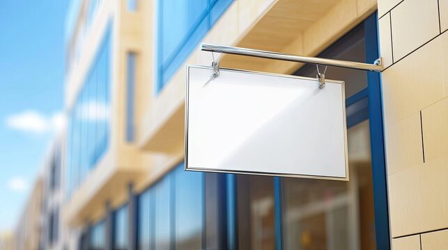 Modern shop sign with bold lines, hanging from a chrome bracket.