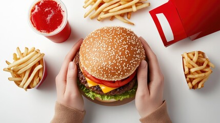 Wall Mural - Overhead view of a fast food platter with a delicious burger, fries, and a drink, leaving space for branding or ad text.