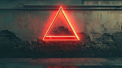 Poster - Radiant neon sign in a geometric triangle shape on a grungy urban wall.