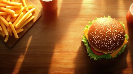 Wall Mural - Overhead view of a burger with lettuce, cheese, and tomato, golden fries, and a cold drink, leaving room for text.