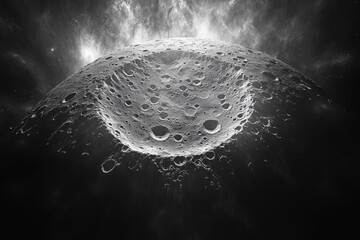 Wall Mural - a grayscale image depicting a heavily cratered celestial body, possibly an asteroid or moon, against