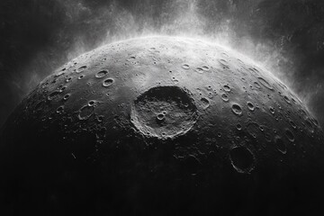 Wall Mural - a grayscale image of a cratered celestial body, possibly a moon or planet, with a hazy atmosphere.