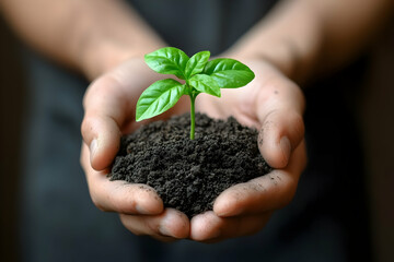 Sticker - Hands holding seedling, soil, growth, dark background, environmental