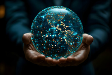 Global network connections, hands, dark background, future tech