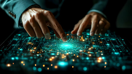 Poster - Hands interact with digital data, futuristic office