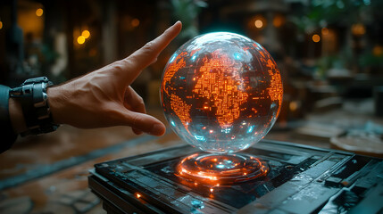 Poster - Man touches digital globe, futuristic cafe