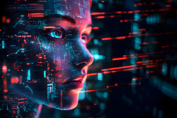Poster - image of a girl with a hologram of a digital network and connections. Technological design. interaction between people and technology. cyberpunk and the future
