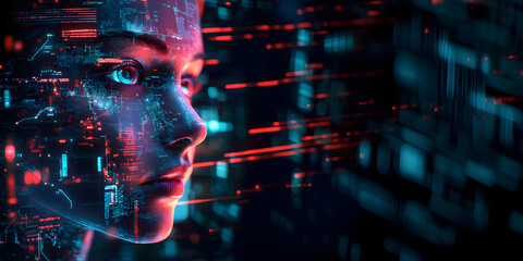 Poster - image of a girl with a hologram of a digital network and connections. Technological design. interaction between people and technology. cyberpunk and the future