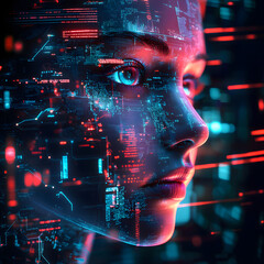 Poster - image of a girl with a hologram of a digital network and connections. Technological design. interaction between people and technology. cyberpunk and the future