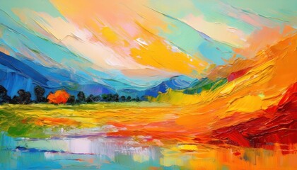 Poster - Vibrant Abstract Art Panorama, Showcasing a Rich Palette of Textures and Colors in an Illuminated Design Illustration
