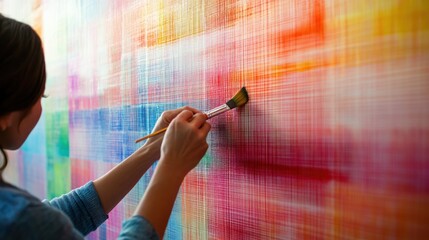 Wall Mural - Woman artist painting large colorful abstract artwork.