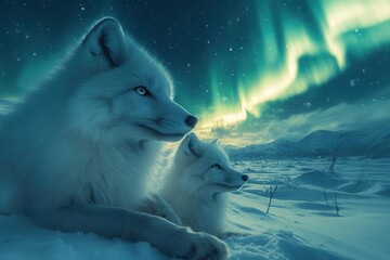 Wall Mural - arctic fox family playing in snow-covered wonderland, northern lights dancing overhead, moonlit wint