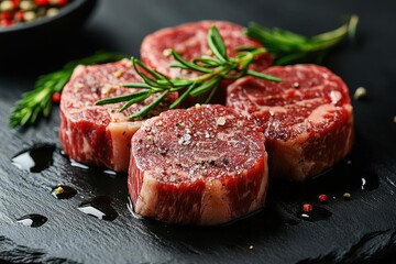 Wall Mural - premium wagyu beef medallions arranged artistically with fresh herbs dramatic lighting on black slate water droplets for freshness