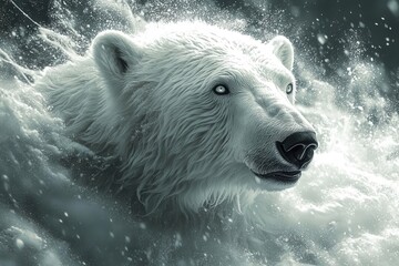 Wall Mural - arctic polar bear emerging from snowstorm, fierce expression, frost-covered fur, intense eyes, drama