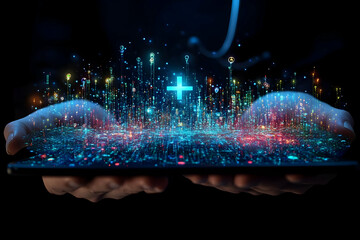 Poster - Hands holding digital city, cross, glowing