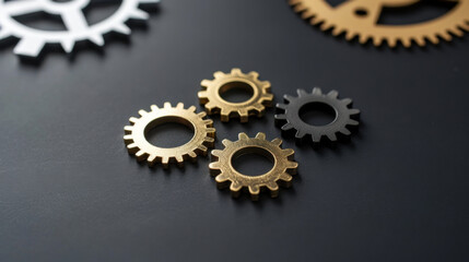 Poster - Golden, silver, and black gears arranged on dark surface, showcasing intricate designs and textures. contrast highlights mechanical beauty and functionality of these components