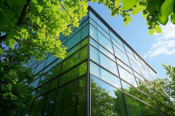 Aufkleber - Modern Sustainable Office Building with Green Glass Facade and Nature Surround : Generative AI