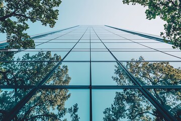 Poster - Tall Glass Building Reflecting Greenery and Sky in Urban Architectural View : Generative AI
