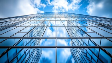 Poster - Impressive skyscraper reflecting blue sky and clouds in vibrant urban setting : Generative AI