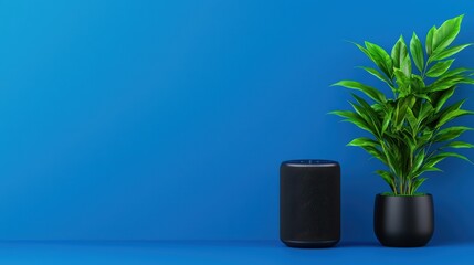 Poster - Modern Speaker and Green Plant on Blue Background for Home Decor