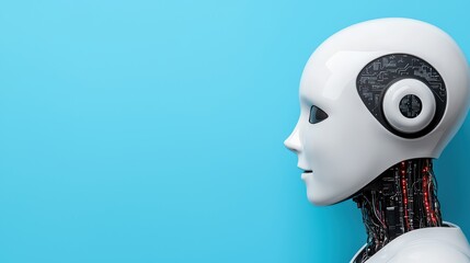 Poster - Futuristic Robot Head with Circuitry on Light Blue Background