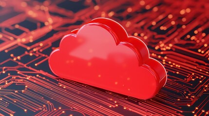 Poster - Red Cloud Symbol on Digital Circuit Background for Technology Concept