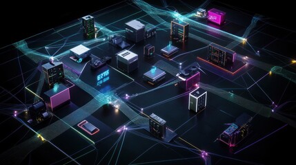 Poster - Edge Computing Network:  A Futuristic Visualization of interconnected devices and data streams in a modern edge computing architecture.