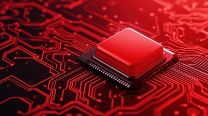 Poster - Red Microchip on Circuit Board with Intricate Patterns and Design