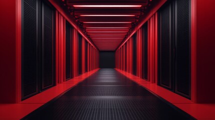 Poster - Futuristic data center corridor with glowing red lights and sleek black server racks showcasing advanced technology and modern architecture in a captivating perspective