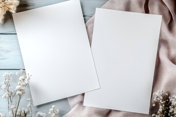 Poster - Minimalist Mockup with Two Blank Papers on Rustic Wooden Table : Generative AI