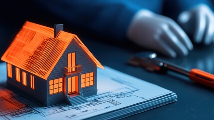 Poster - Model house with orange lights sitting on architectural blueprints