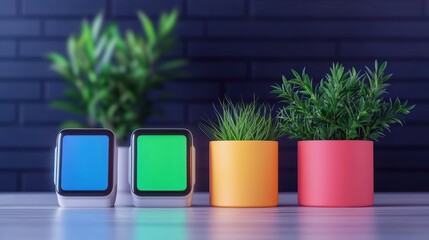 Poster - Modern Office Decor with Colorful Planters and Digital Displays