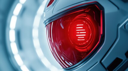Poster - Futuristic Robot Helmet with Red Lens in a Space Environment