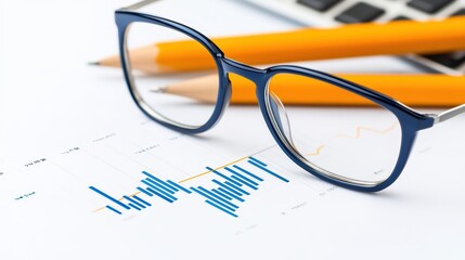 Poster - Glasses on Chart with Calculator and Pencils for Data Analysis