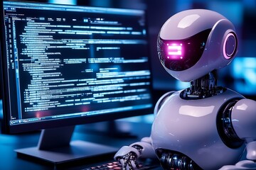 Leinwandbilder - Futuristic Robot Analyzing Code on High-Tech Computer Screen in Modern Office Environment : Generative AI
