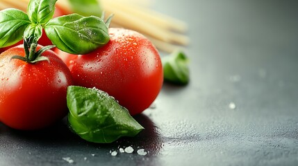 Poster - Fresh Red Tomatoes and Basil Leaves with Water Drops on Black Surface : Generative AI