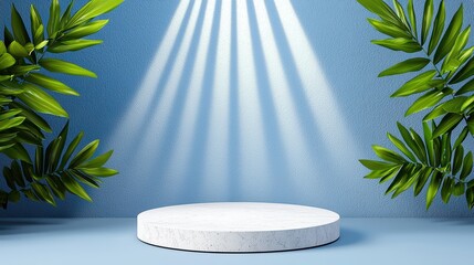 Poster - Simple Round Platform with Leaves and Soft Blue Background Light