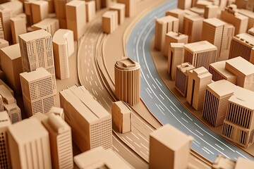 Poster - Intricate cardboard cityscape model with winding river highlighting urban architecture : Generative AI