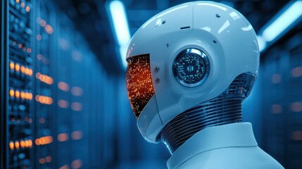 Poster - Futuristic Robot Head in Data Center with Glowing Display Elements