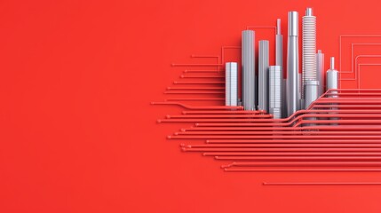 Poster - Modern Urban Landscape with Abstract Lines on Vibrant Red Background