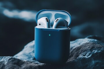 Aufkleber - Wireless Earbuds in Charging Case on Stone Surface Modern Technology : Generative AI