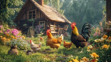 Poster - Chickens and rooster roam freely in a vibrant wooden farmyard surrounded by flowers and lush greenery. Generative AI