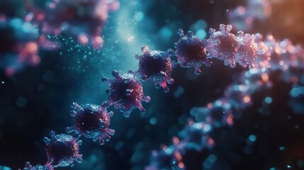 Aufkleber - Molecular RNA chain surrounded by viruses in a vibrant microscopic environment. Generative AI