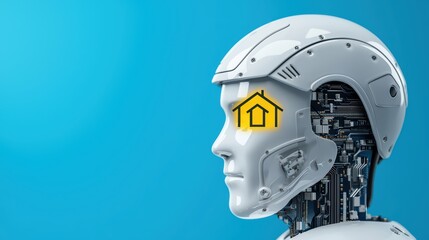 Poster - Futuristic Robot Head with Home Icon on Blue Background